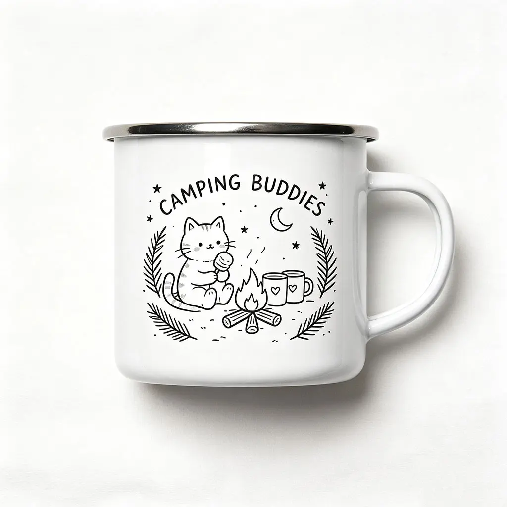 Our Camping Spot Enamel Mug Outdoor Adventure Gift For Campers Hikers Travelers White Metal Cup With Mountain Tent Fire Design