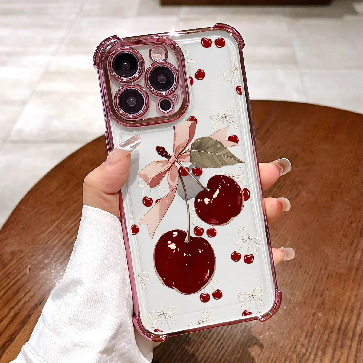 Cute Coquette Red Cherry & Pink Bow Print Smartphone Case - Electroplated Handheld Cellphone Cover with Airbag Shockproof Slim Soft TPU Protection for iPhone 10 11 12 13 14 15 16 17 Pro Max Plus Air Devices, Casing, Durable