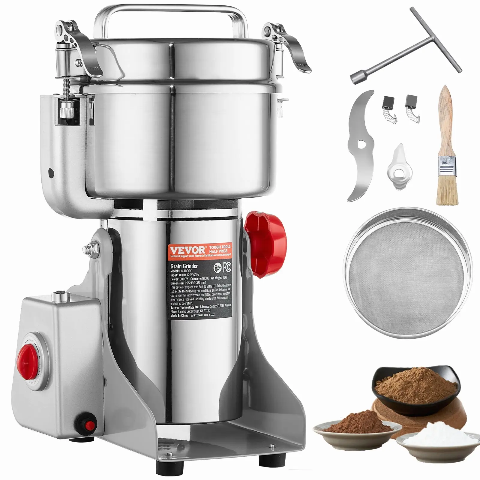 VEVOR 1000g Electric Grain Mill Grinder, High Speed 3000W Commercial Spice Grinders, Stainless Steel Pulverizer Powder Machine, for Dry Grains Spices Cereals Coffee Corn Pepper, Swing Type