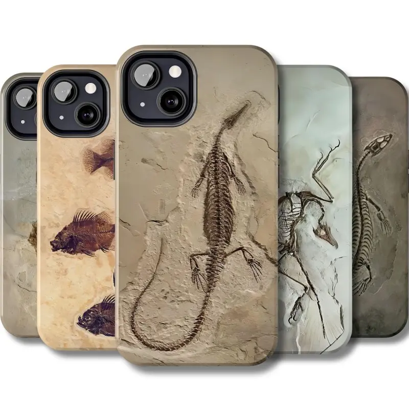Fossil bone pattern phone cases, prehistoric-style iPhone covers, dinosaur-themed Samsung Galaxy cases, ancient fish pattern Google Pixel cases; compatible with iPhone 11–17 Pro Max/Plus and Samsung Galaxy S23–25 series.