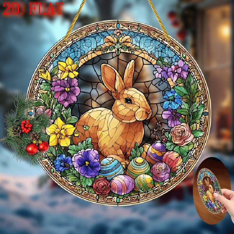 2D Flat, 1pc Bohemian Stained Glass-Style Easter Bunny & Floral Suncatcher Round Acrylic Window Hanging with & Tulip Patterns, Easter Decor, Garden Ornament, Housewarming Gift