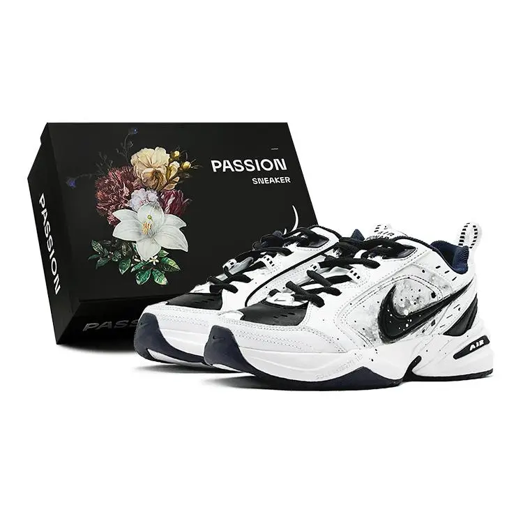 Nike Air Monarch 4 Retro Dad Shoes – Classic Black and White Ink-Splatter Design, Low-Top, Cushioned, Unisex Verifiable, with credentials and supporting global authentication