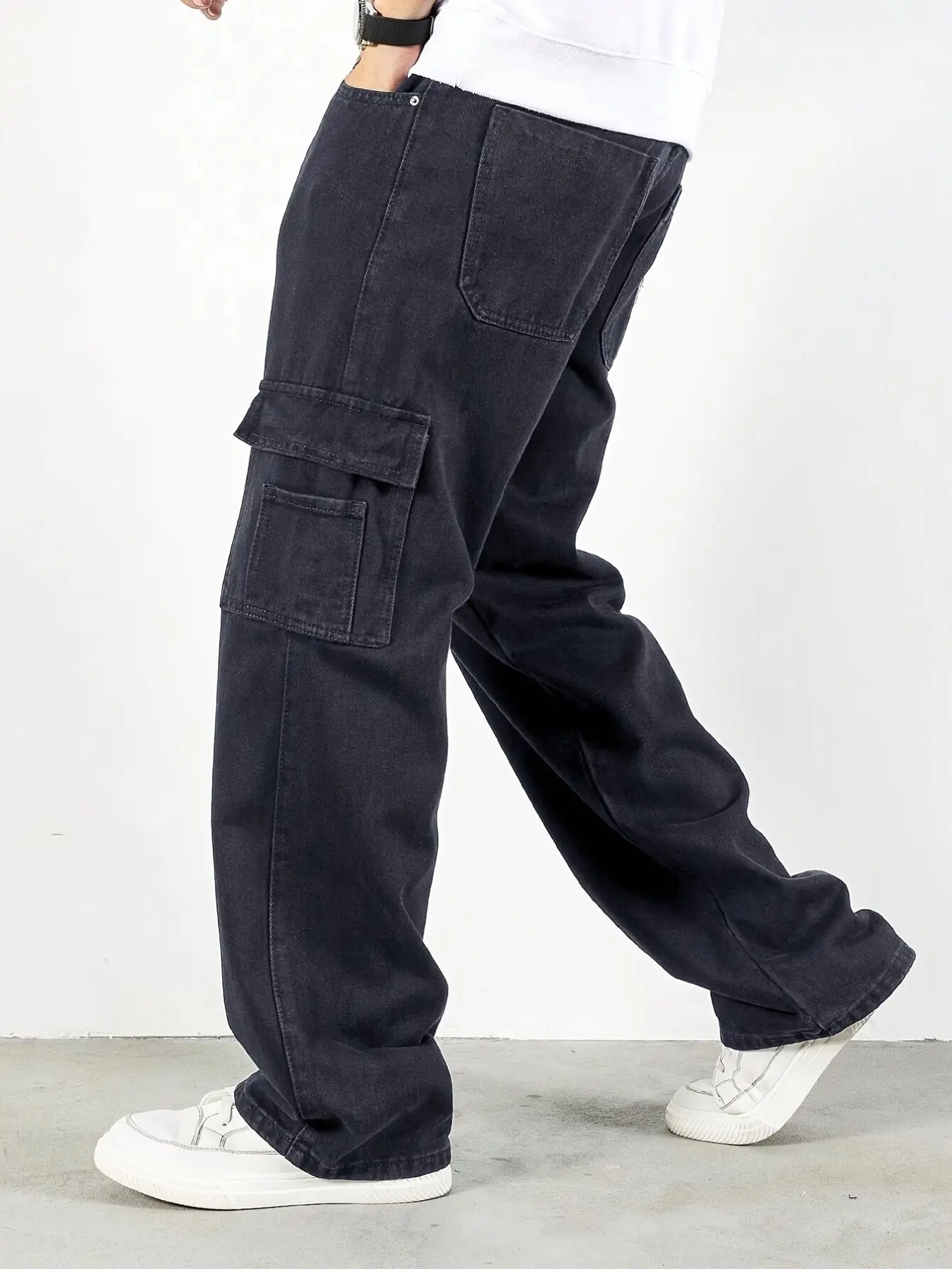 Men's Wide Leg Workwear Jeans, Multi-Functional Flap Side Pockets, Solid Loose Fit, Street Style Skateboard Casual Pants
