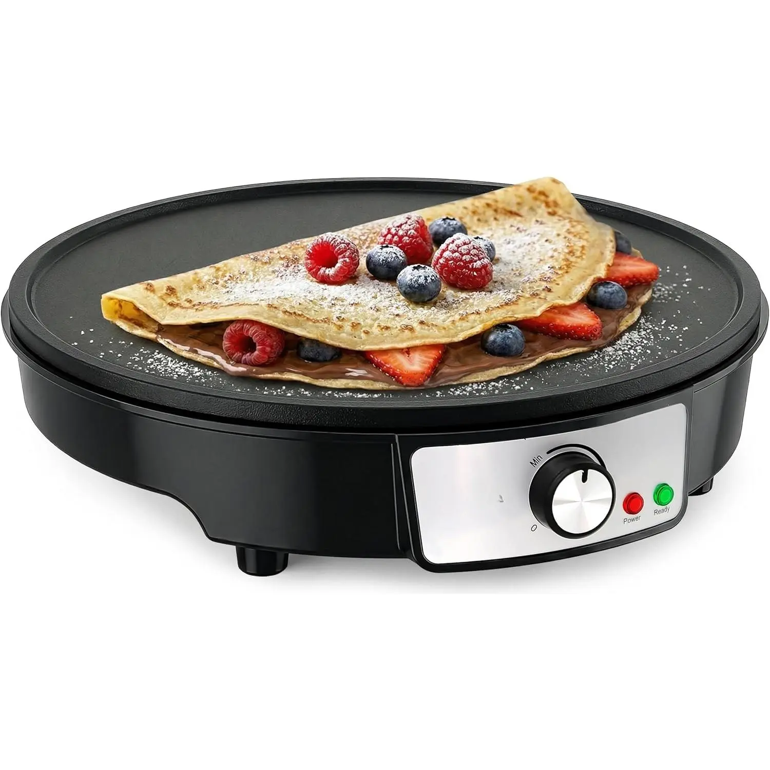 12-Inch Nonstick Aluminum Plate Electric Crepe Maker & Griddle Cooktop for Kitchen Cooking - Lighted LED Lights, Adjustable Heat Intensity Control, Wooden Spatula, Batter Spreader Included, Adjustable Intensity