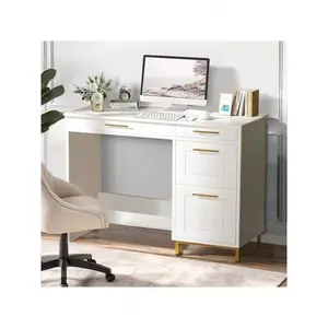 43" Computer Desk With Drawers, Small White Writing Desk For Home Office Bedroom, Modern Compact Desk With Gold Handles,  White/ Black