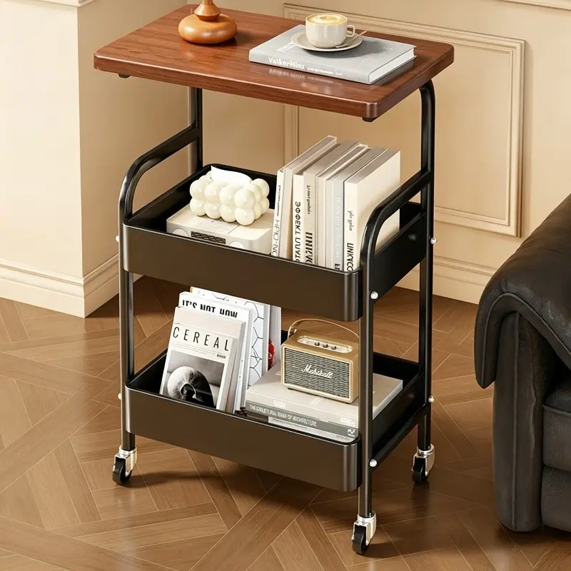 2-Tier Rolling Storage Cart with Wood Top, Organizes Sundries Beside Sofa Bed & Saves Room Space, For Living Room Bedroom Kitchen, Hollow Drain Basket Silent Wheels, Vintage Multi-purpose Mobile Side Table Serving Trolley