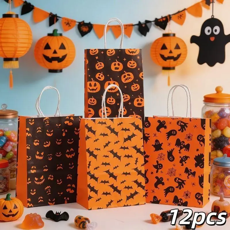 26-year-old new model 12-piece Halloween lantern style kraft paper handbag. White handle paired with orange-black ghost bat pumpkin spider web print. Children's candy-receiving-and-throwing-a-rude-stuff for collecting candies during school classroom parti