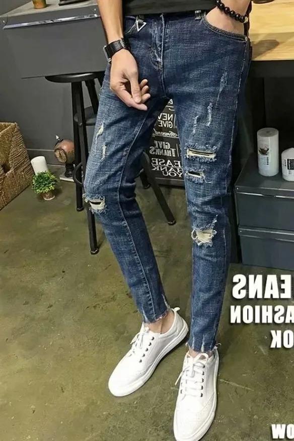 Retro Japanese Style Men's Slim Fit Jeans Spring Summer Trendy Brand Hole Punching Nine Points Casual Fashionable Jeans