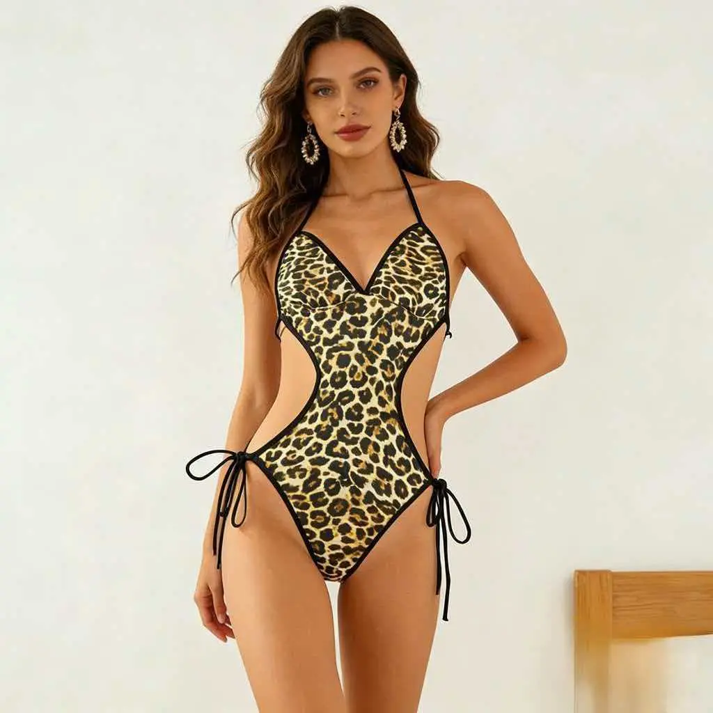 Women's New European Style Leopard Print Backless Sleeveless Bodysuit - Adjustable Tie Sheer Corset Shapewear with Waist Reduction, S-Standard Sizes, Casual Sports & Outdoor Tops, Female