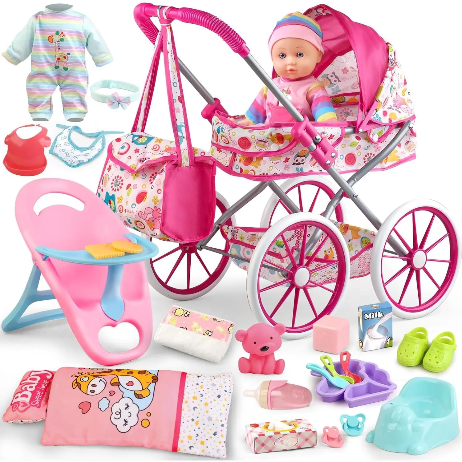 Baby Doll Stroller Toys Set with 12.5" Baby Doll,Dining Chair,Quilt Pillow,24 PCS Doll Accessories and 2 Sets Doll Clothes,Baby Stroller Toys  Girls Toddlers 3-5 4-6 5-7 Gifts  Pretend Play