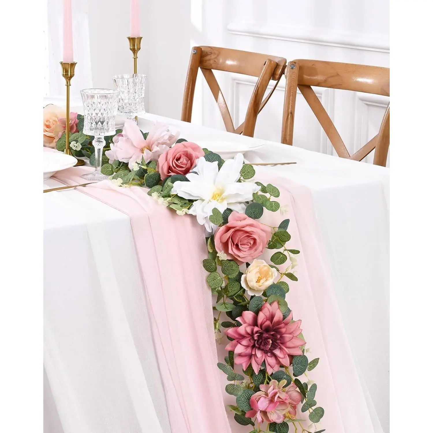 6.07Ft Pink Floral Rose Garland, Artificial Eucalyptus Greenery Vines with Flowers for Wedding Table Runner Centerpieces Backdrop Room DecorGift