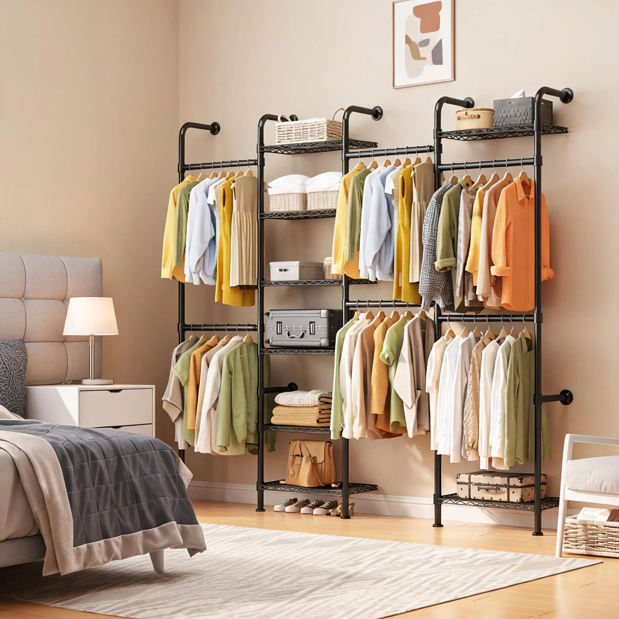 Heavy-Duty Wall Mounted Closet Rack – Commercial Food Service Shelving System – Expandable Carbon Steel Rods (23.62-35.43 in), 8-Tier Matte Black Wire Shelves – Modular Storage Organizer