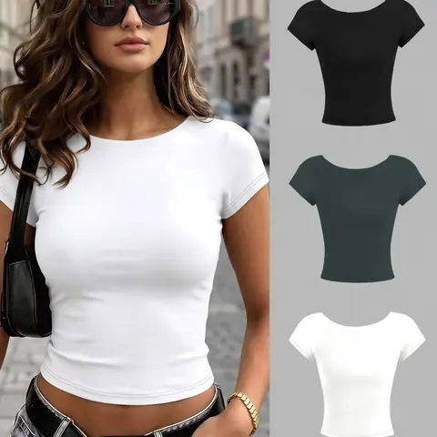 Women's Solid Backless Basic Crewneck Casual Trendy Tee, Casual Fashion Short Sleeve T-shirt for Summer, Ladies Clothes for Everyday Wear Womenswear Fit