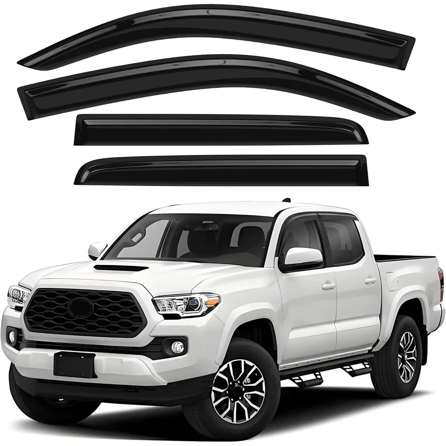 Window Rain Guards Wind Deflector for Toyota Tacoma 2016-2023 Double Cab, 4PCS Tape-On Mount Exterior Side Window Vent Deflectors, Durable PMMA Material, Fashion Style & Support, Friendly Support, Assembly Required Accessories, 4Pcs Outside Tape-On Mount,