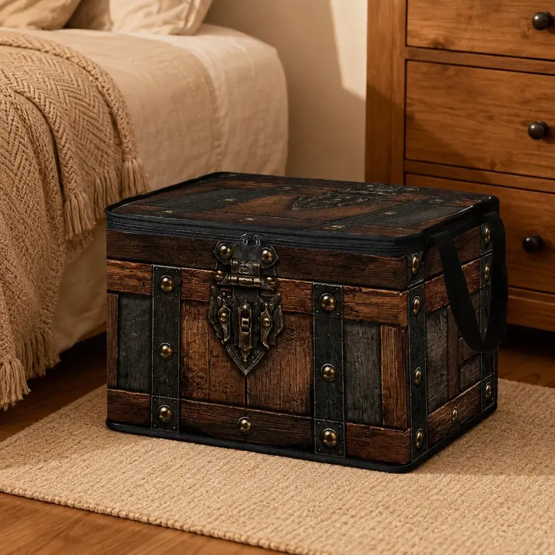 1pc Dark Retro Treasure Chest Print Storage Box| Features Distressed Locks, Rivets, And Partitioned Patterns| Suitable for Organizing in Study Rooms, Living Rooms, Bedrooms, Entryways, And Display Areas| Can Store Photo Albums, Clothing, Additions