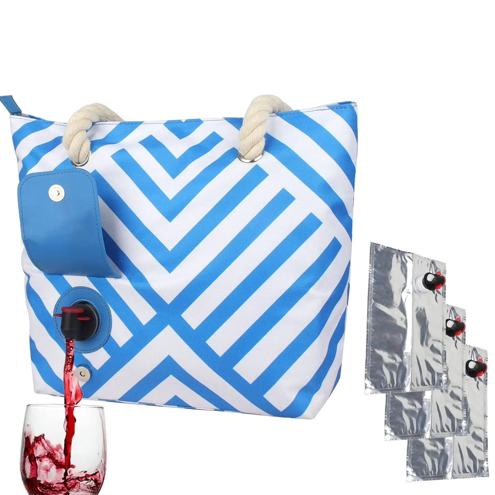 2/4-Pack Wine Carrier Bag with Insulated Water Bottle, Blue Striped Portable Backpack for Outdoor Travel, Beach, Camping, Picnic, Cold Insulated Bag