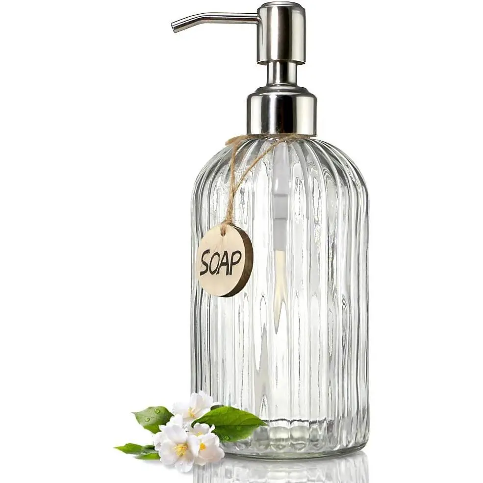 18 Oz Clear Glass Soap Dispenser with Rust Proof Stainless Steel Pump, Refillable Liquid Hand soap Dispenser for Bathroom,  Kitchen Soap Dispenser (Clear).