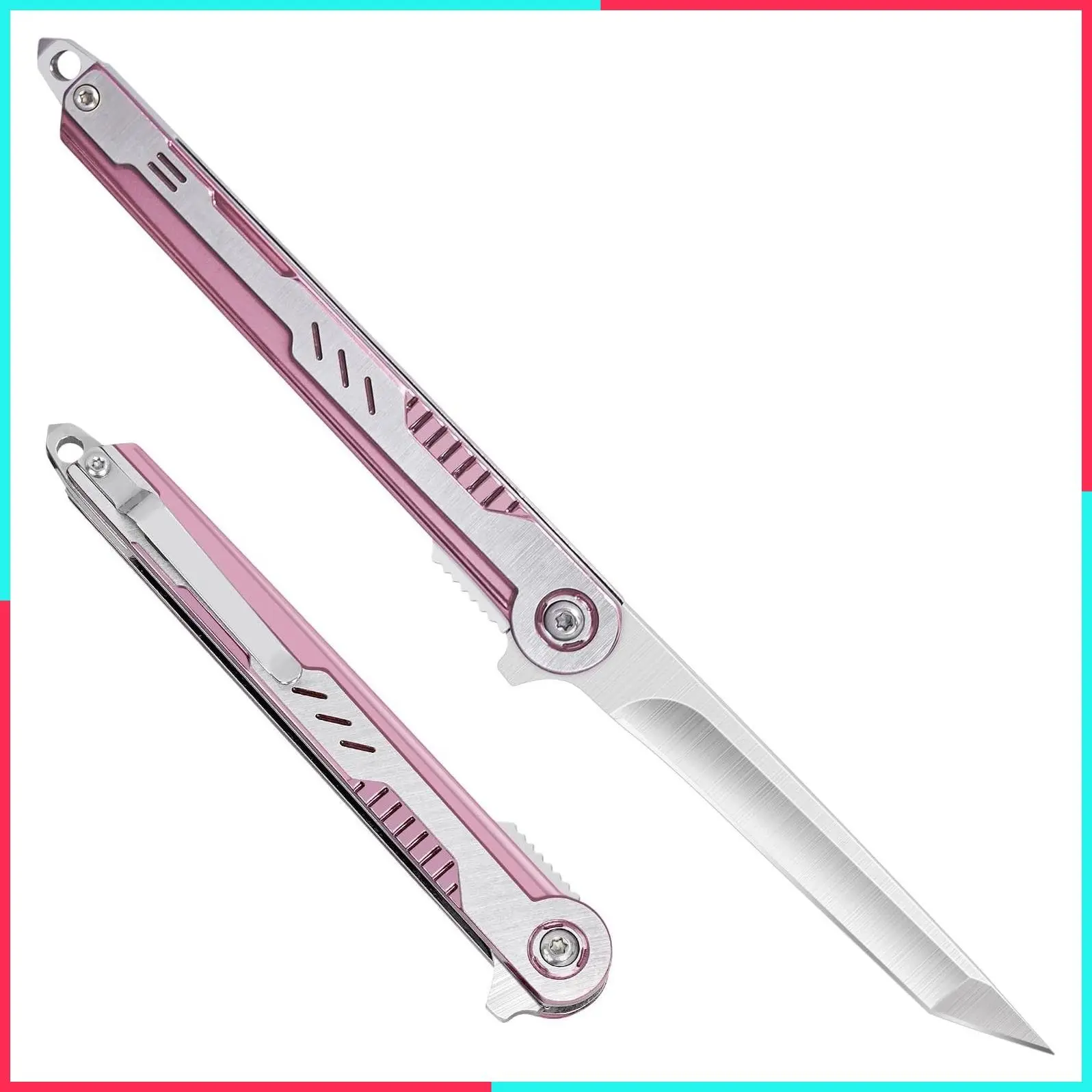 Pink Pocket Knife for Women, Slim EDC Folding Knife with 7CR13Mov Steel Tanto Blade, Pocket Clip and Glass Breaker - Cute Everyday Carry Knife