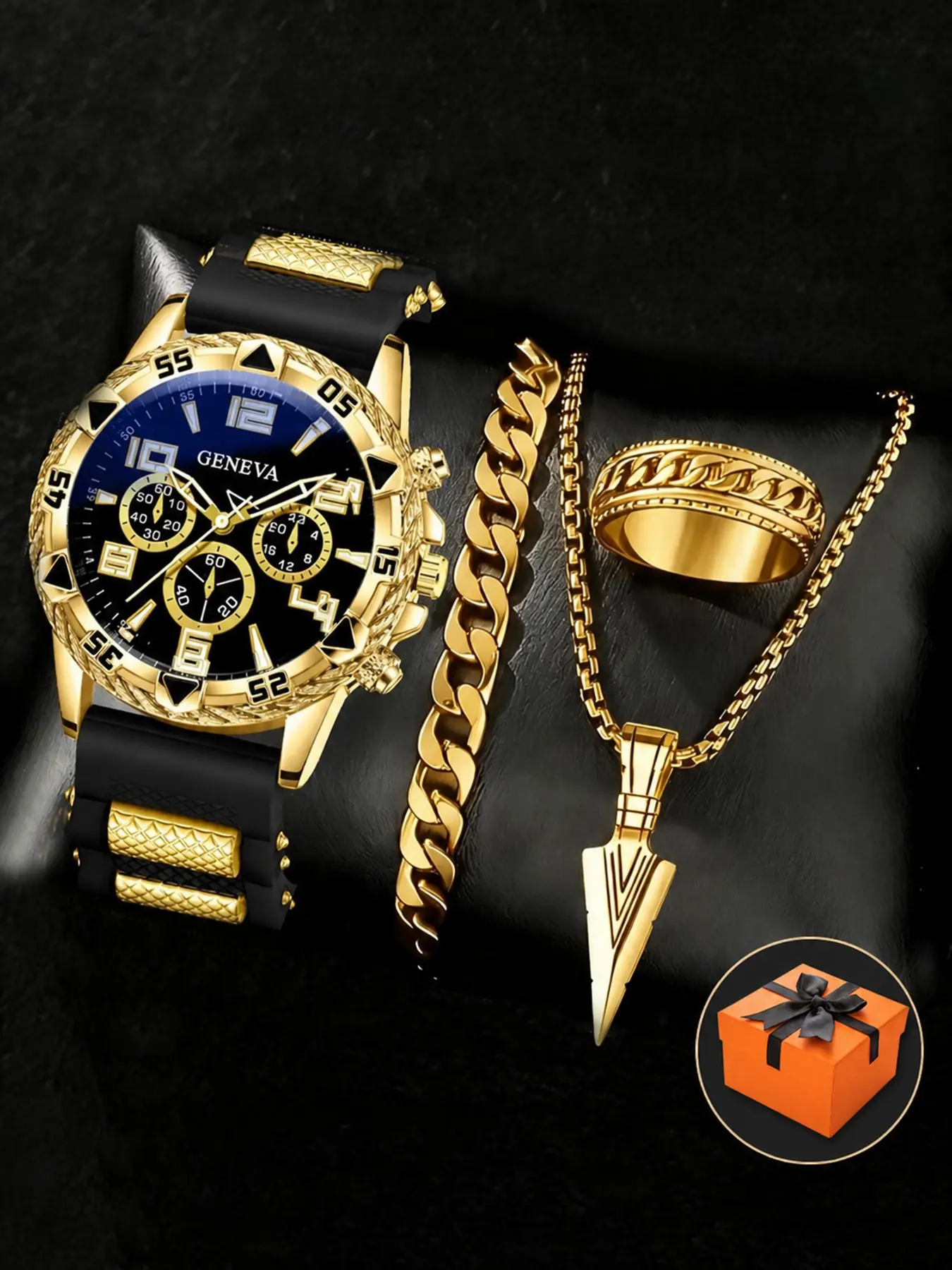 4pcs Men's Fashion Accessory Set, Gold Multi-Function Watch, Cuban Bracelet Pendant Necklace, Engraved Ring, Business Casual Gift