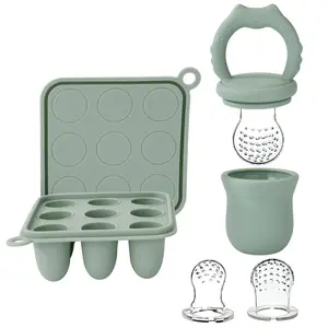 Silicone Baby Fruit Food Feeder & Baby Food Freezer Tray Set, milk Popsicle Molds  Baby Teething Relief, Baby Food Pacifier Feeder  Self Feeding, Include 3 Sizes Food Pouch (Sage)