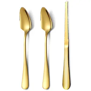 Gold Grapefruit Spoons 3 Pieces Set, 2 Stainless Steel Grapefruit Spoon And 1 Grapefruit knife With Titanium Plating, Grapefruit Utensil Set, Serrated Edges Spoon pack of 3 (Gold)