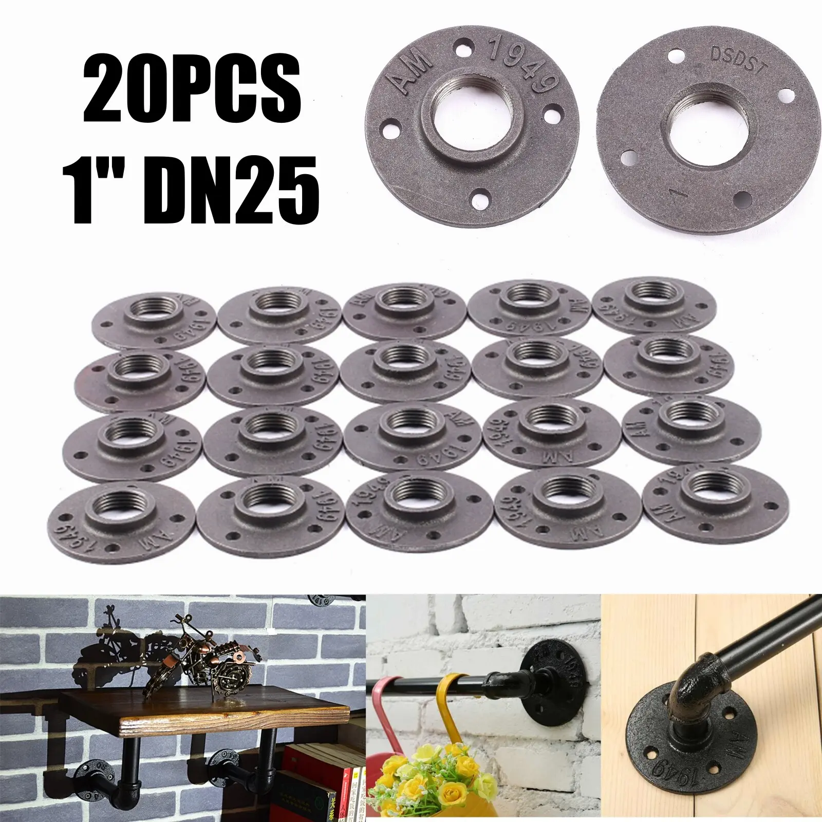 Cast Iron Threaded Floor Flange (20pcs, 1-Inch, DN25 Size), DIY Decor Accessory for Home Organizer, Furniture Shelving, Storage Racks