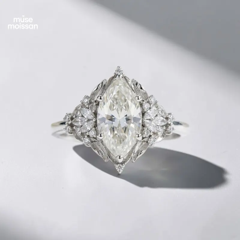 MUSE S925 Sterling Silver 3 Carat Marquise-Cut Moissanite Crown Ring Vintage Princess Engagement Ring for Women