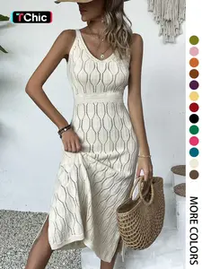 Women's V Neck Long Sleeveless Dress, Elegant Fitted Split Thigh Design, Casual Holiday Beachwear, Fall & Winter Fashion