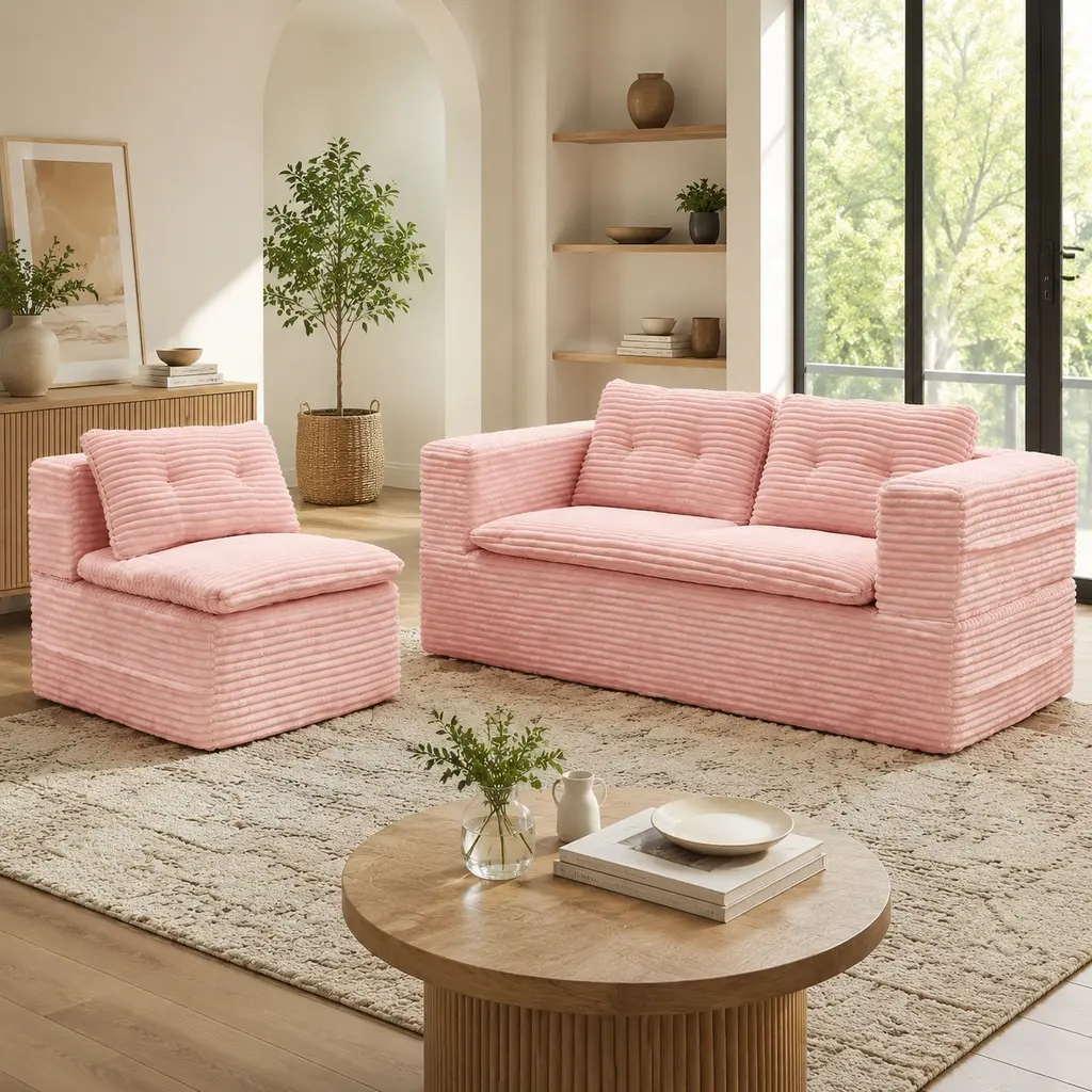 Blush Pink Plush Corduroy Multi-Functional Sectional Sofa Bed with Chair - 80-in Deep-Seater Full Sleeper, Comfy Couch, 2-in-1 Sofas & Couches, Independent Chaise, Soft Blanket, Smart Furniture for Modern Room Indoor Living Room Furniture