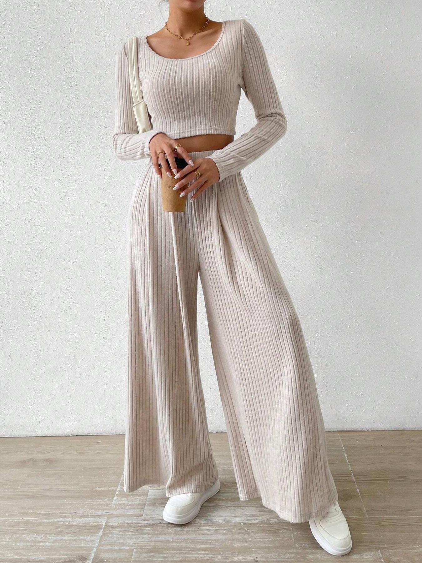 Women's Solid Ribbed Crop Tee & Loose Wide Leg Pants Two-Piece Set, Casual Long Sleeve Scoop Neck Top & High Waist Trousers for Fall & Winter, Women's Clothes for Daily Wear, Womenswear