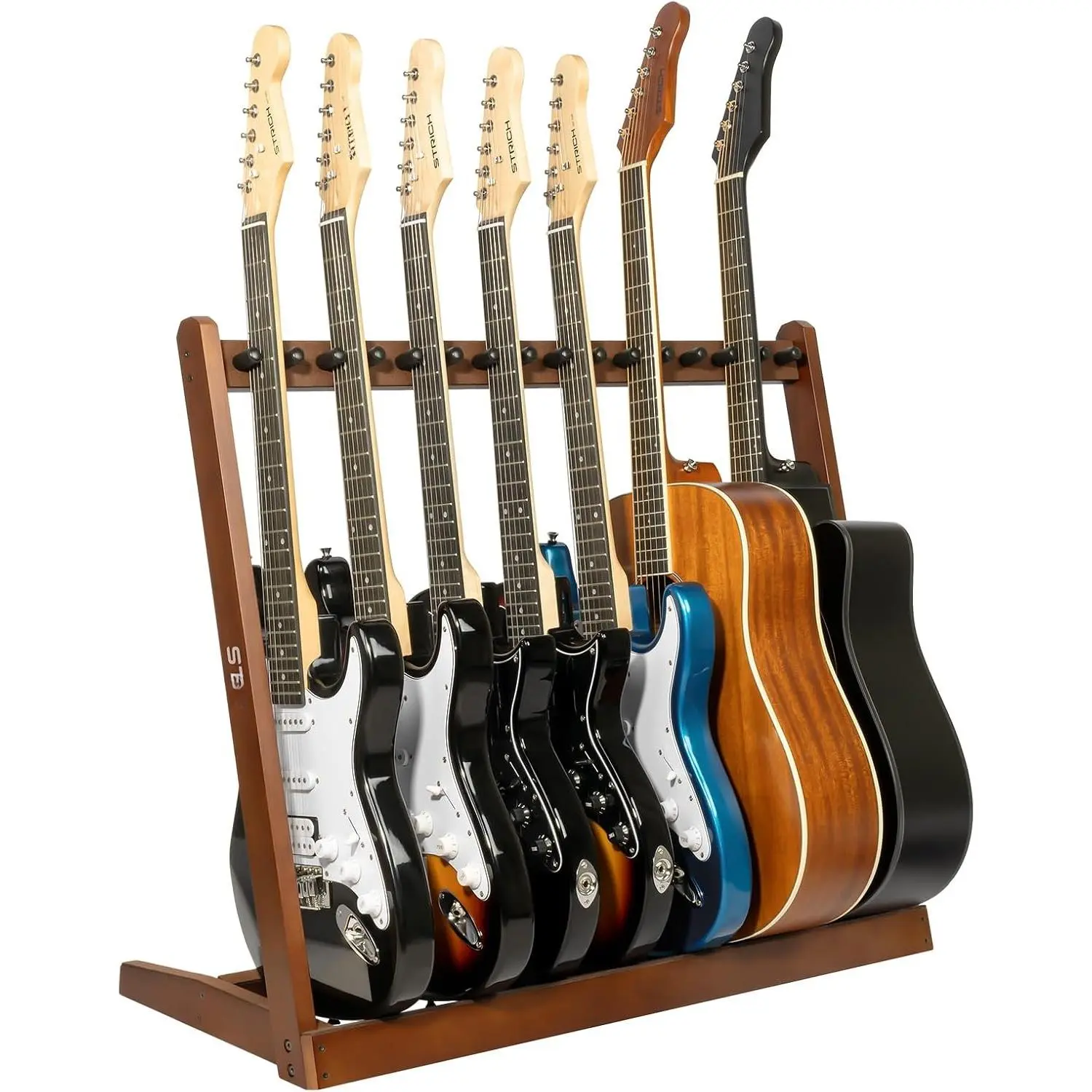 Wooden Guitar Stand Multiple Guitars, Guitar Rack for 5 Acoustic or 8 Electric Guitars & Basses, Floor Standing Multi Guitar Display for Studio &  - Protective Padding, SMT-10 (8-Holder)