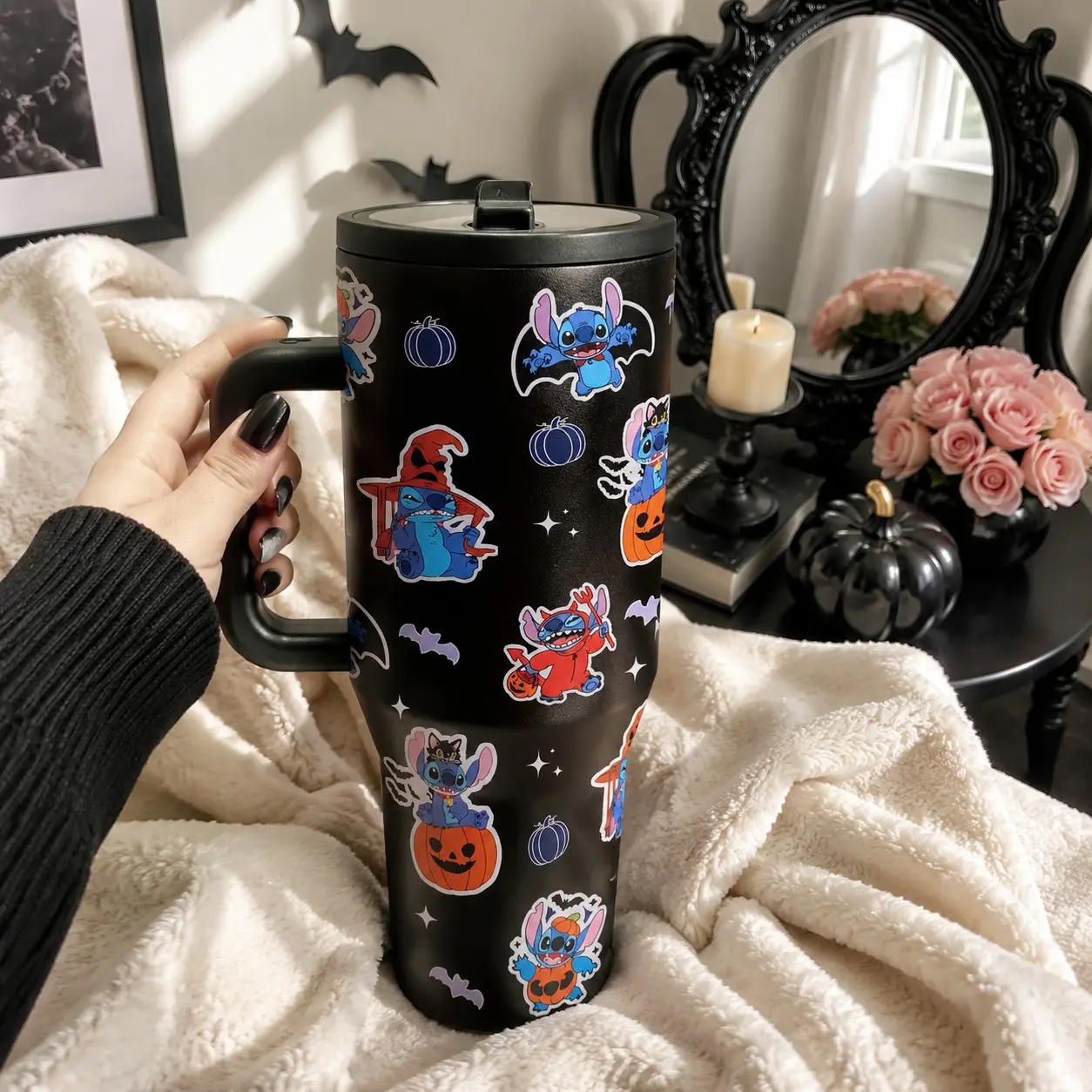 1PC 40oz Stitch Halloween Cartoon Insulated Tumbler with Handle, Stainless Steel Travel Mug, Double Wall Vacuum Cup with Lid, Keeps Drinks Cold 24H Hot 12H, Perfect for Coffee, Iced Drinks, Daily Use, Halloween Party, Holiday Gift for Friends & Family