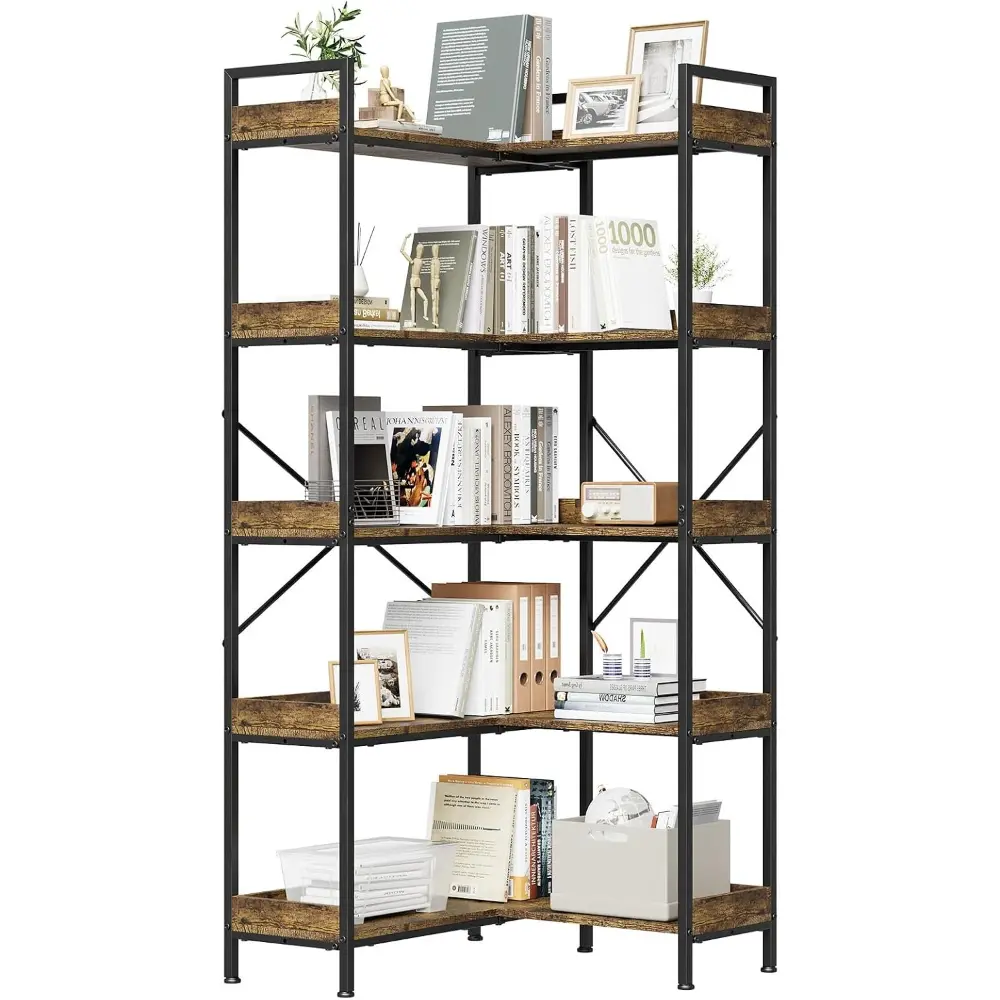 2 in 1 5 Tier l-Shaped Corner Bookshelf with Storage, Tall Industrial Open Bookcase with 4 Hooks, Space Saving Display Shelves for Bedroom Living Room Office, Brown