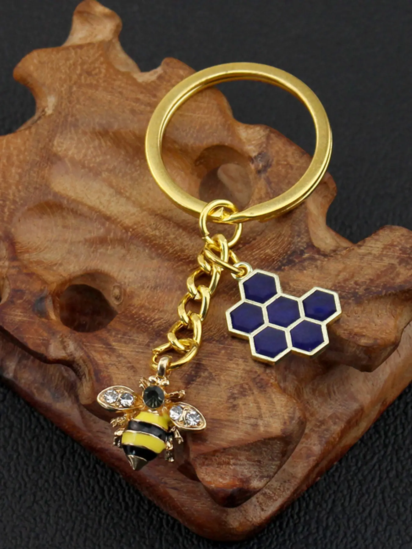 Elegant Bee Hive Metal Keychain, Three Colors Available, Rhinestone Bee, Colorful Hive Pendant, Chain, Perfect for Gifts