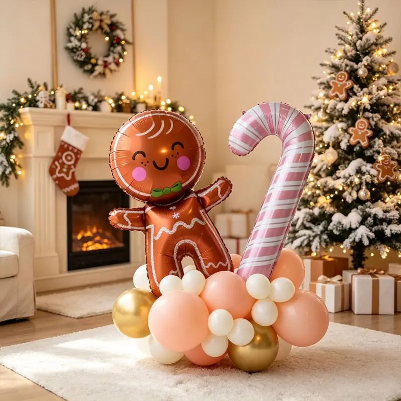 22 Piece Christmas Themed Gingerbread Man Balloon Column Kit，Candy Cane Balloons, Gingerbread Man Balloon，Ideal for outdoor Christmas pillar decorations, kindergarten Christmas events, Christmas market stalls, tabletop/aisle pillar decorations