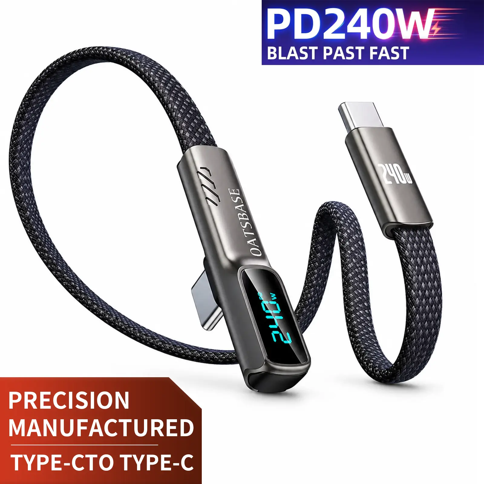 240W USB-C to USB-C Fast Charging & Data Sync Cable, 6ft Right Angle Ultra-Flat Nylon Braided Cord with Smart Digital Real-Time Power Monitor, Black for Mobile Gaming Phones