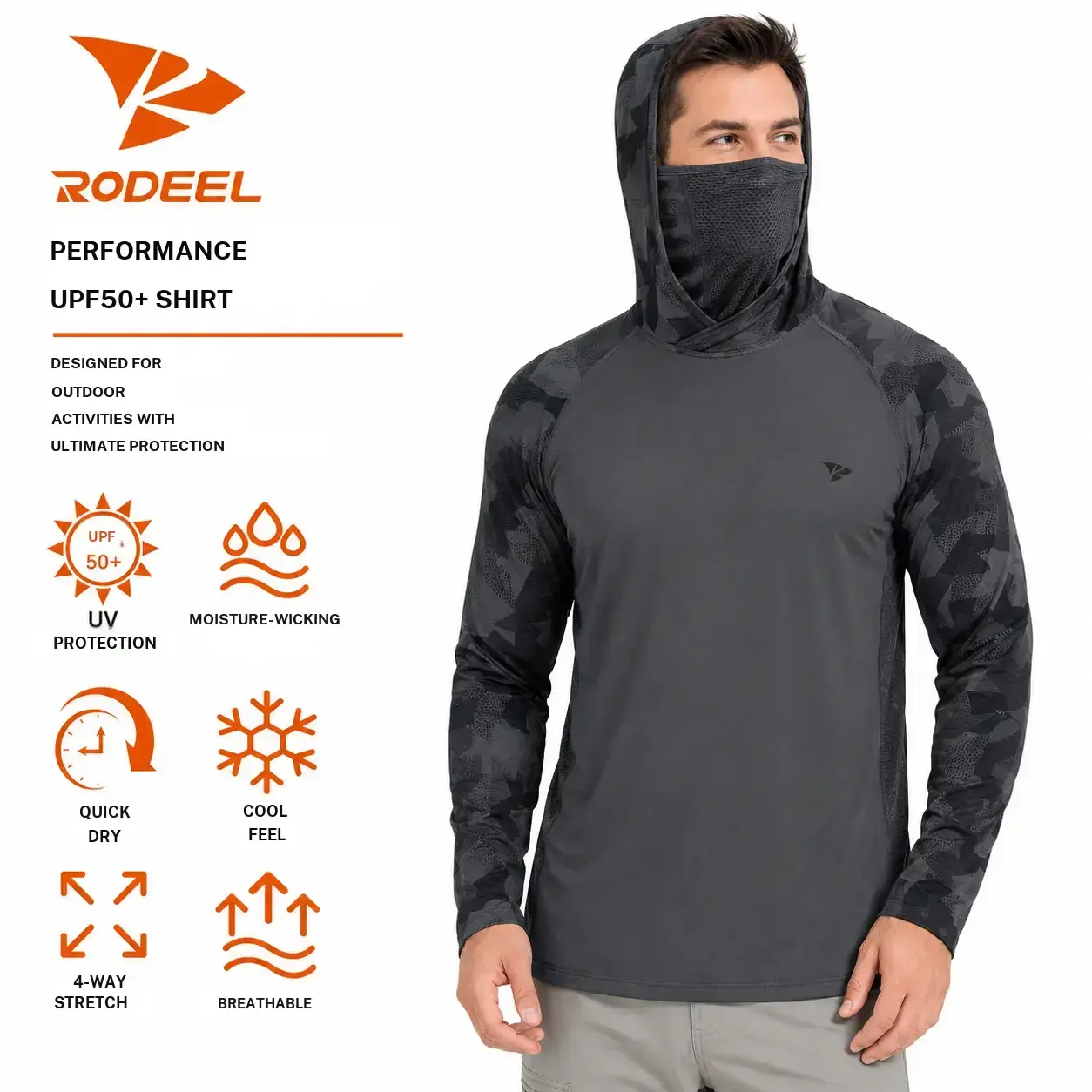【RODEEL】915 Sun Hoodie Shirts w/ Mask Neck Gaiter Men UPF 50+ UV Protection Long Sleeve Lightweight Quick Dry Moisture Wicking Breathable Athletic Activewear for Outdoor Fishing Boating Hiking Construction Roofing Landscaping SummerWins