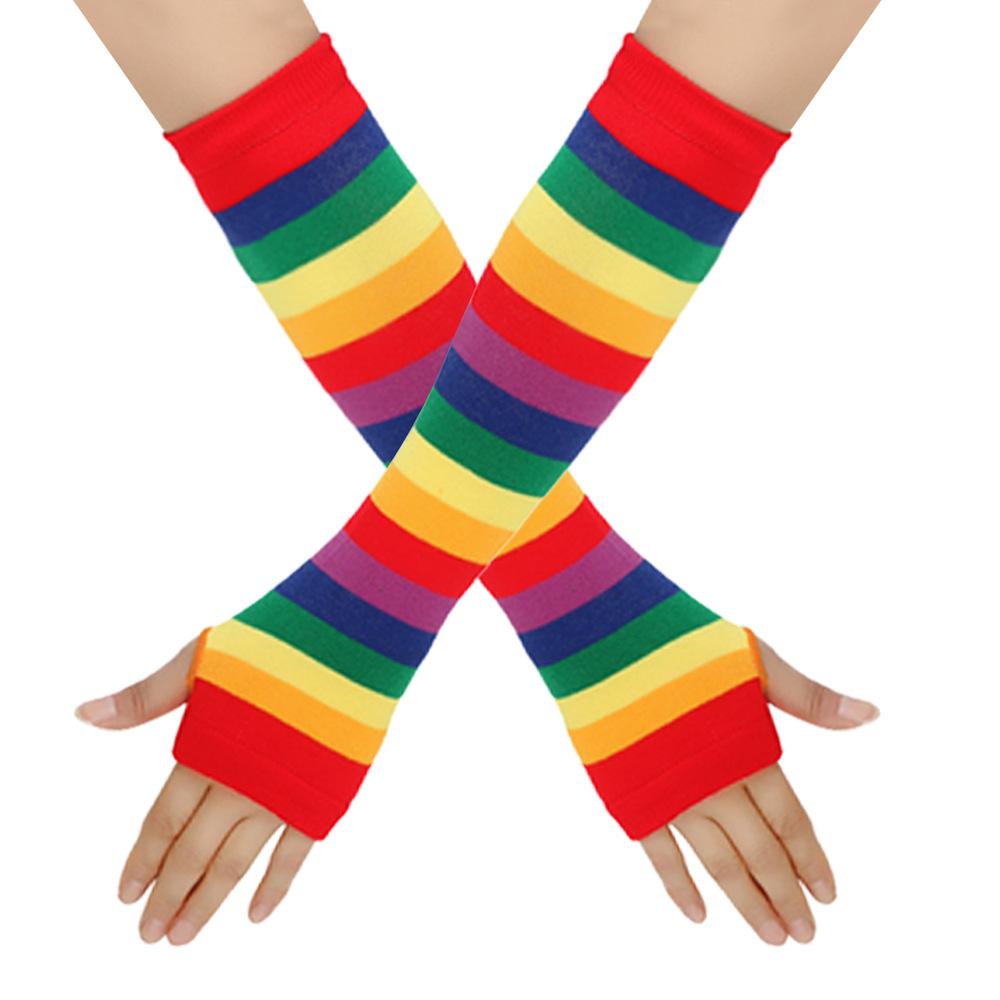 Rainbow Knitted Gloves Colorful Striped Long Sleeves Soft Stretchy Warm Handwear LGBTQ+ Pride Month Essential Vibrant Striped Knit Mitts for European & American Pride Parade Music Festival Holiday Party Cosplay Daily Casual Wear Lightweight Durable Fashio