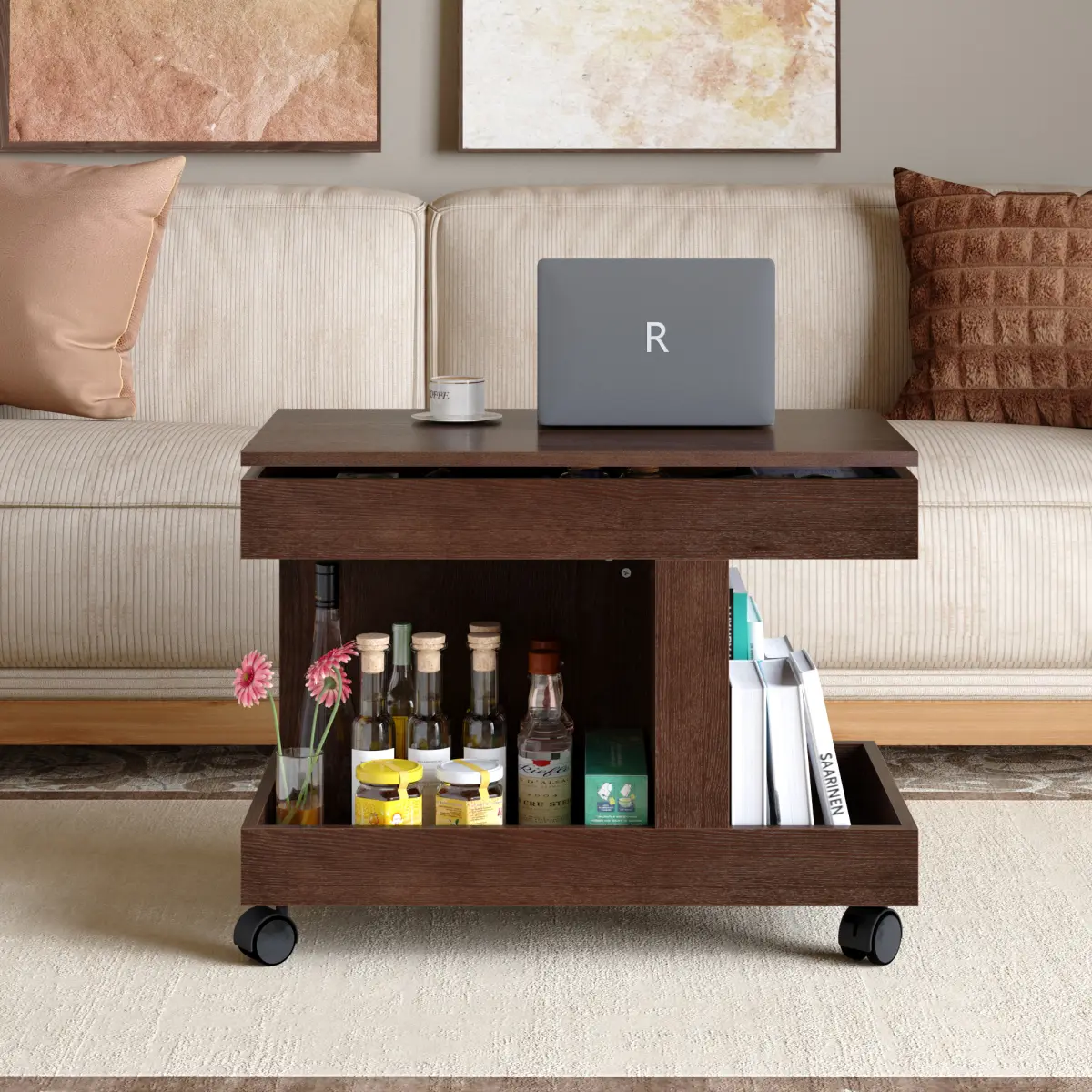 Walnut Color Modern Oblong Foldable Coffee Table - Natural Wood, 360° Rotating Desk, Rolling Wheels, Height Adjustable, No Installation (Easy Install), Suitable for Living Room, Small Spaces