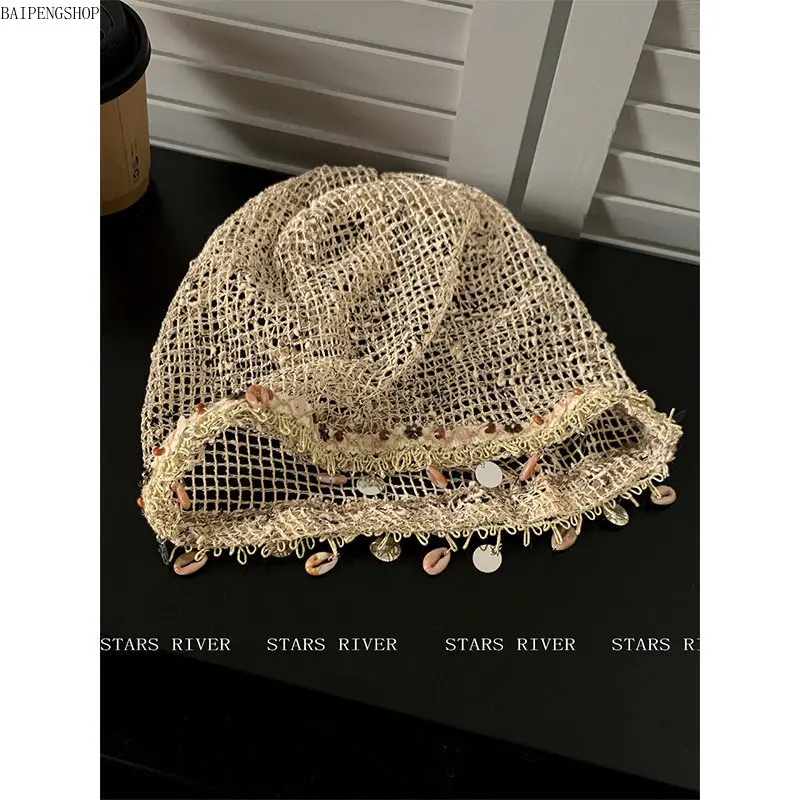 Slouchy Turban Beanie for Women, Boho Mesh Hat with Shell Trim, Lightweight Breathable Headwear for Summer Casual Wear, Mesh Fabric