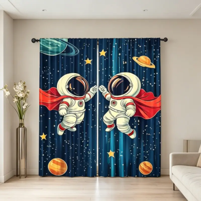 Galaxy Outer Space Theme Curtain Set, Astronaut & Planet Print Polyester Window Drapes 2 Panels