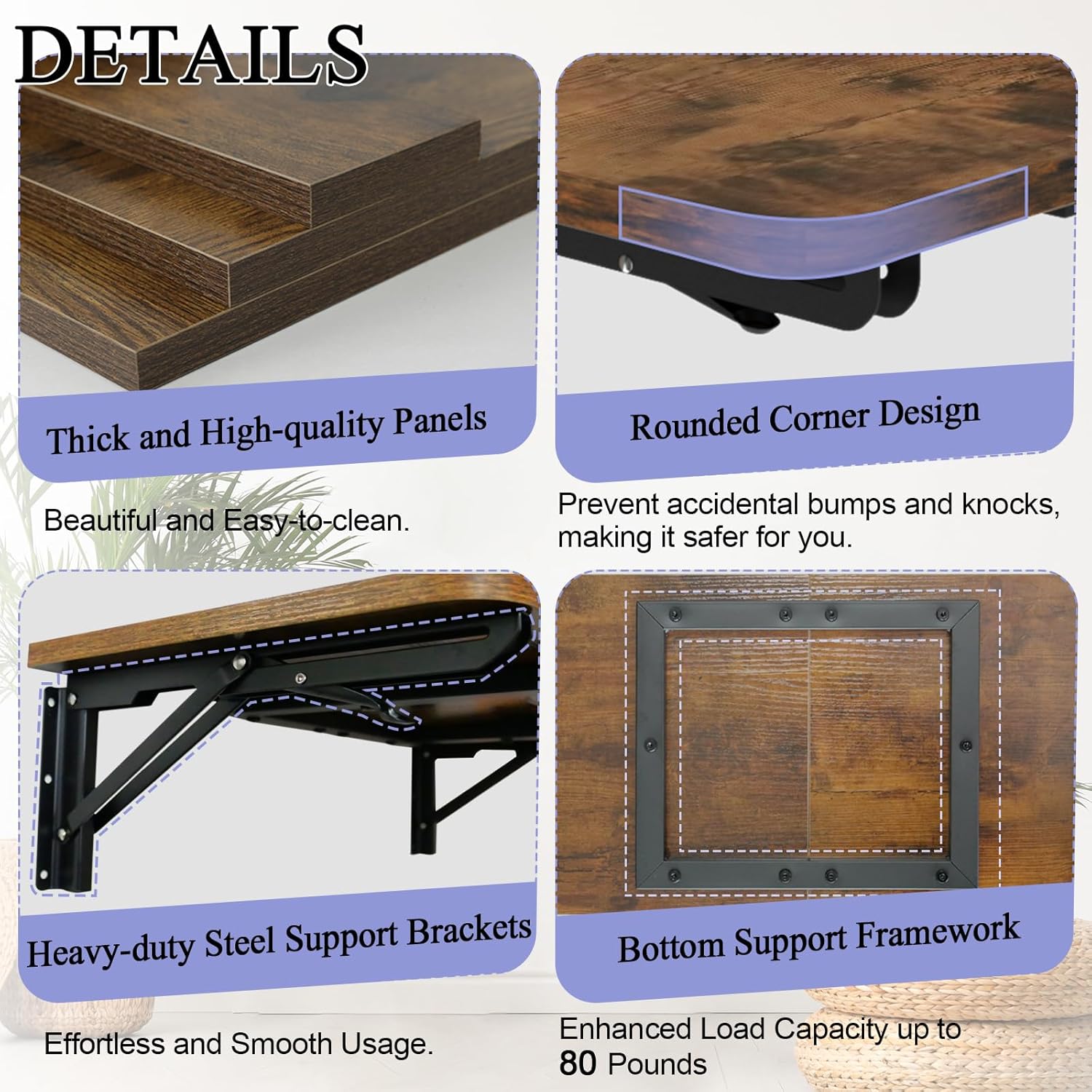 Wall Mounted Folding Table, Rustic Brown Floating Wall Desk for Small Spaces, Drop Leaf Dining Table for Kitchen Fold Down Laundry Shelf with Heavy-Duty Brackets