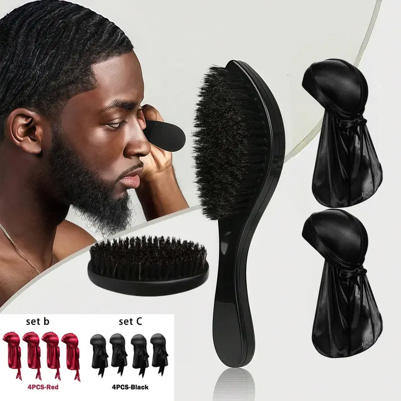 360 Wave Brush Kit, Hair Grooming Brush for Men with 2pcs Durag Caps - Black, Hard with ABS Handle, Reinforced Nylon Bristles, Christmas Gift for Boyfriend & Father