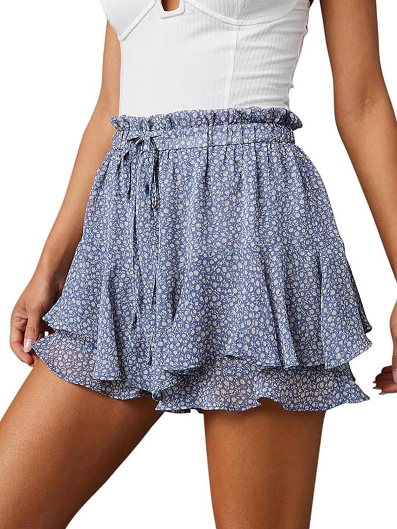 Women's Floral Print Ruffle Trim Pantskirt, Boho Hippie Skirt, Boho Fashion Casual Pantskirt for Daily Holiday Vacation Wear, Ladies Bottoms for Summer