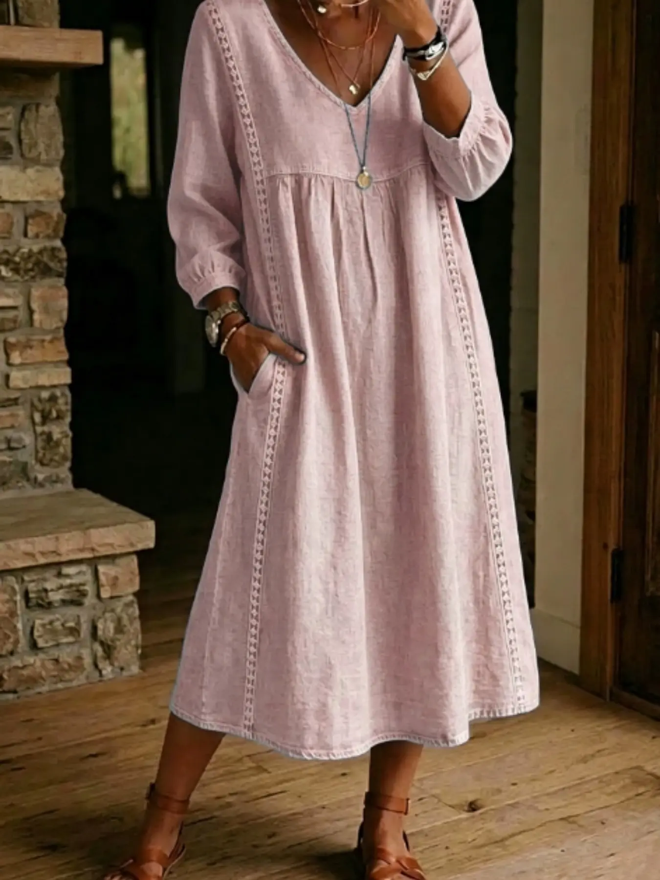 Casual Loose V-Neck Dress with Lace Trim, Solid Color Long Sleeve Dress, Comfortable, Stylish and Aesthetic, Perfect for Daily Wear