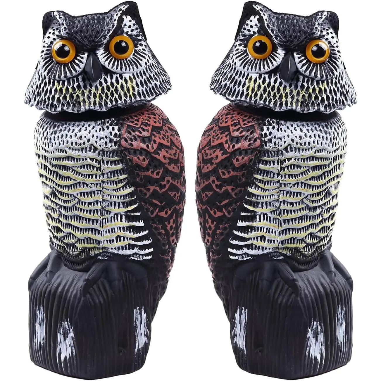 2-Pack 15in Rotating Head Fake Owl Decoys, Plastic Outdoor Statues, Bird-Scare Scarecrows, Pest Repellent, Pigeon Deterrent for Yard Garden Protection, Outdoor Statue