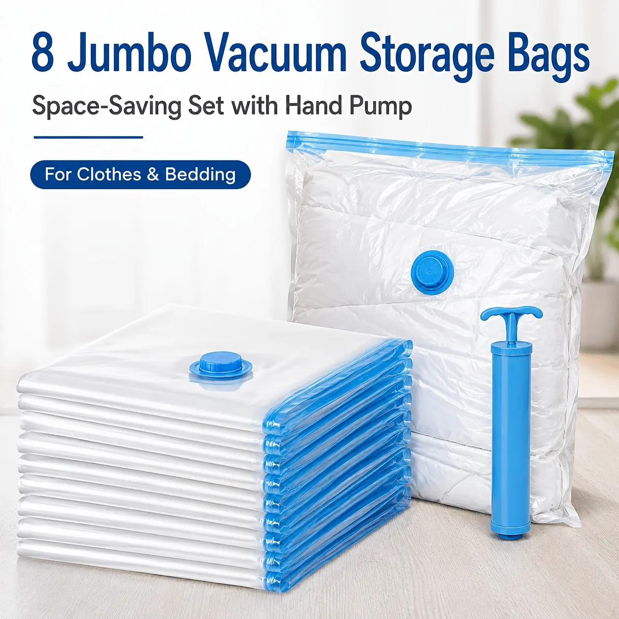 8 Pack Large Vacuum Storage Bags, Space Saving Compression Set with Hand Pump for Clothes & Bedding, Ideal for Dorms, Wardrobes, Moving Use