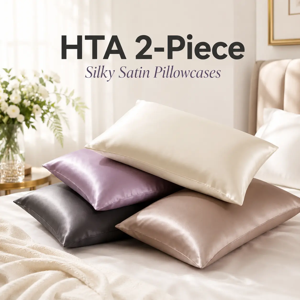 HTA Silky Satin Pillowcases 2-Pack, California King, Anti-Acne Hair-Friendly Bed Covers, Wrinkle Resistant Breathable Cooling Durable Frictionless Microfiber Fabric, Envelope Closure