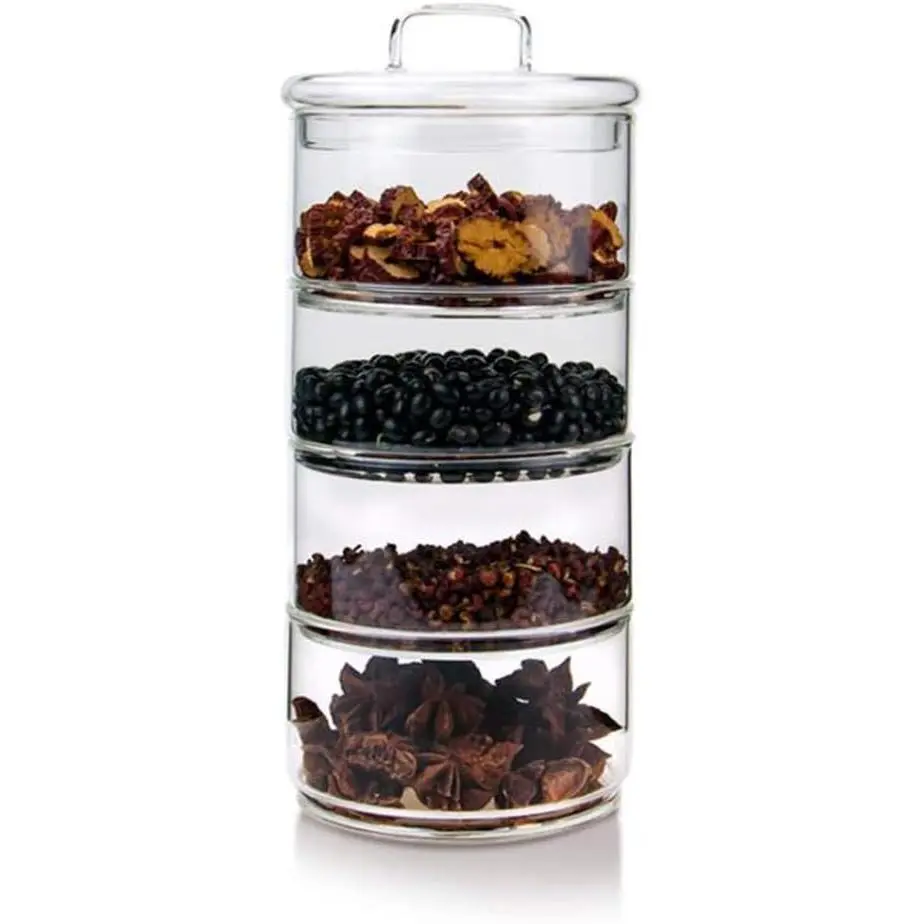 Glass storage jars with lids, multi-layer stackable storage boxes, kitchen food containers, candy jars, glass jars, four-layer design