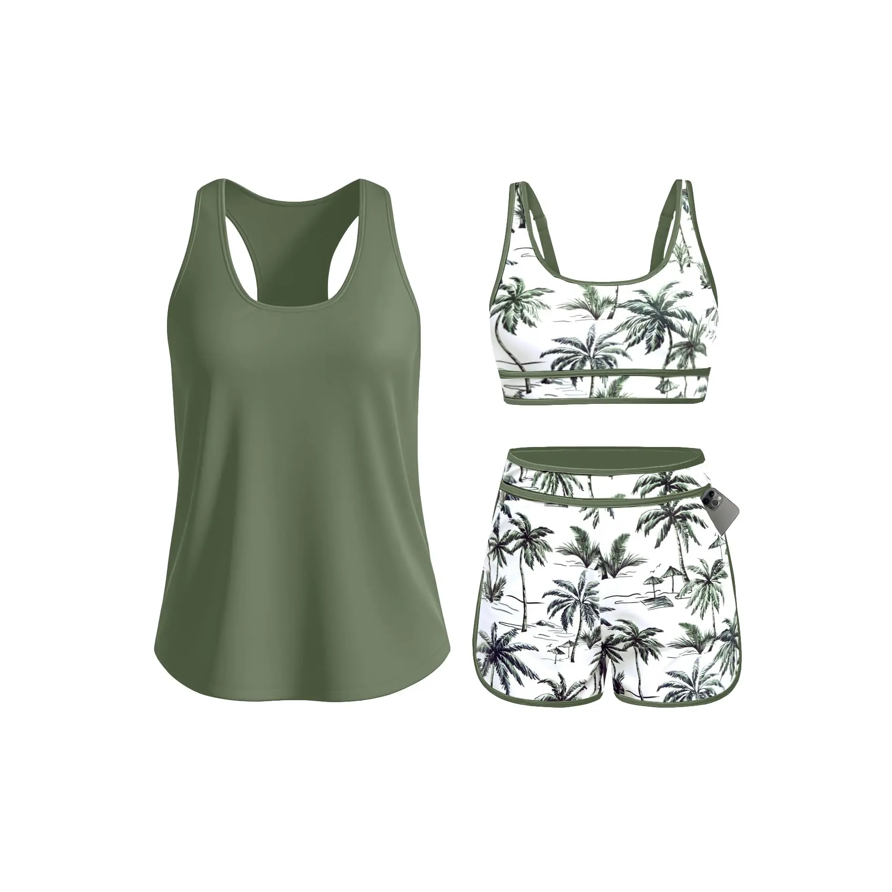 Daci Three Piece Tankini Swimsuits for Women - Tummy Control Athletic Bathing Suit Sport Bra Modest Two Pockets Boyshorts